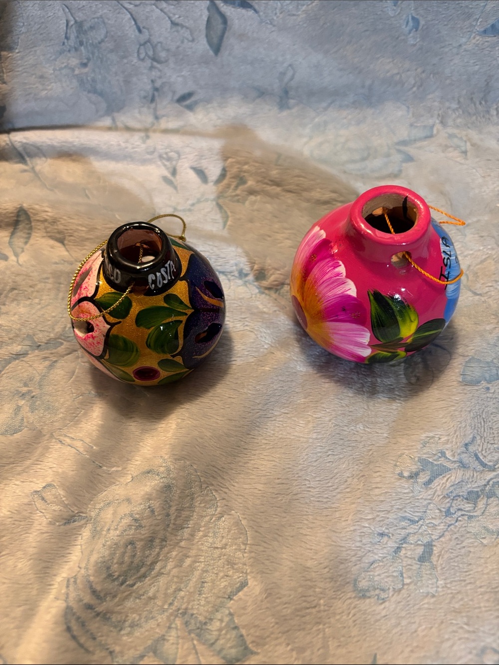 Pair of Hand-Painted Floral Ceramic Ornaments - Pink & Multicolor